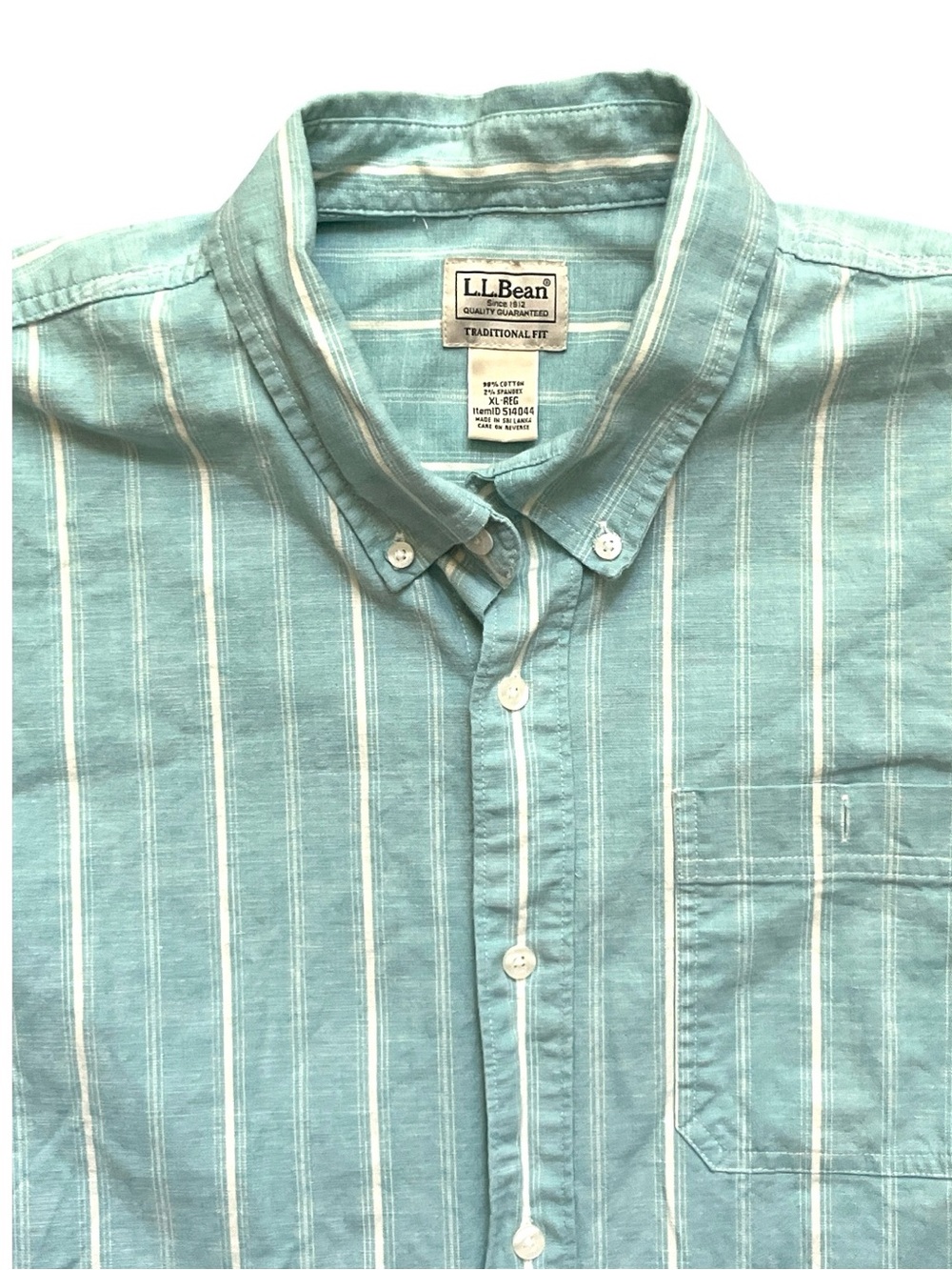 L.L.Bean Vintage XL Turquoise Blue White Striped Button Up Shirt Short Sleeve